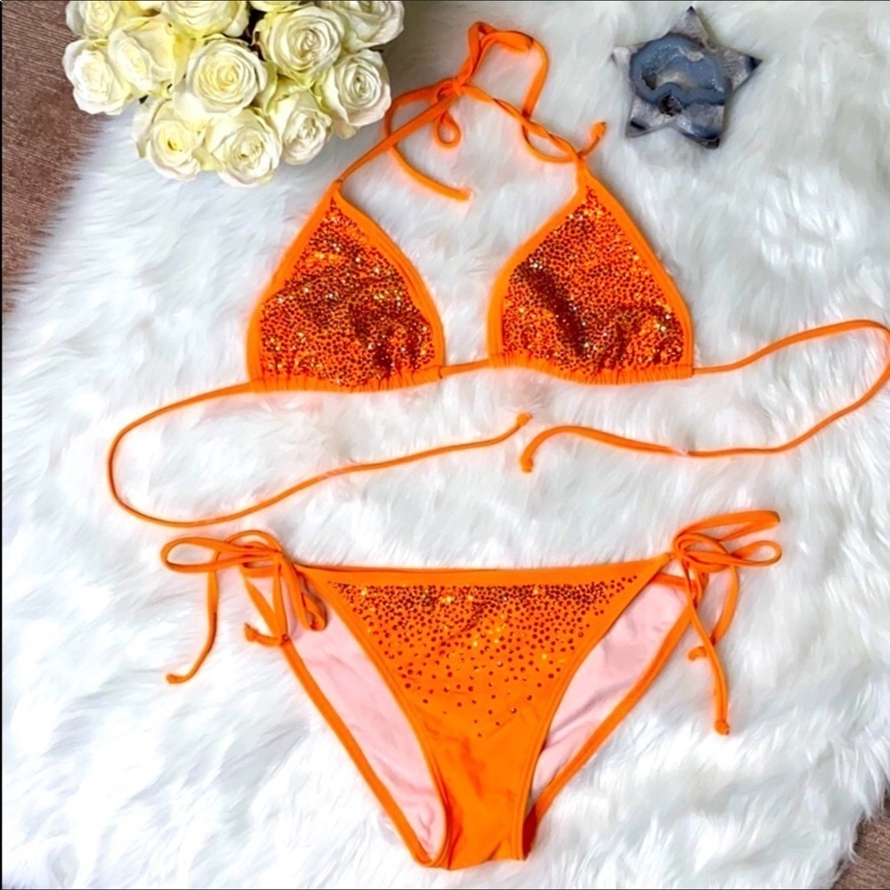 Swarovski crystal custom bikini🔥 orange Summer’s Here Size L